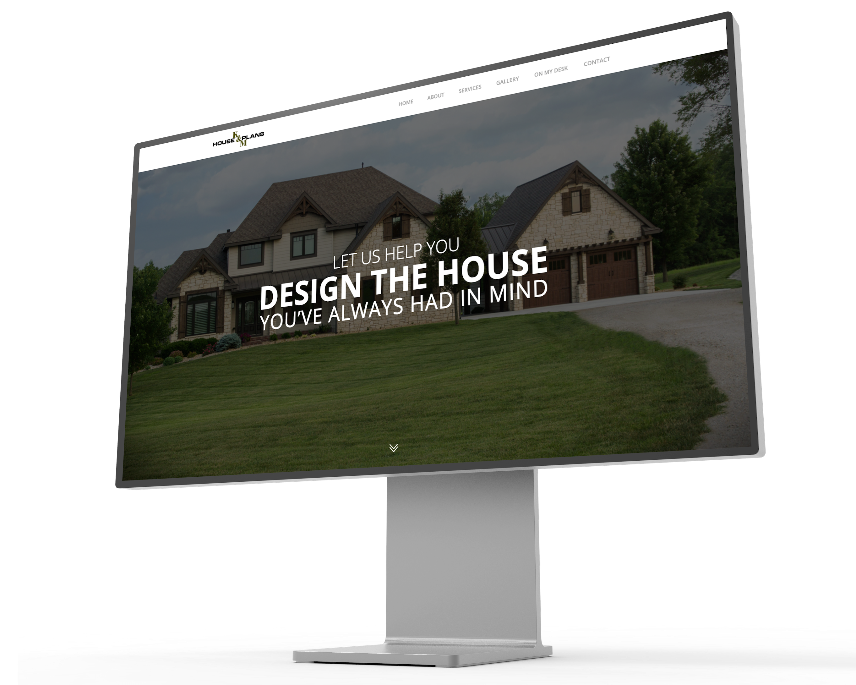 Image of K&M House Plans website displayed on a mockup of a Pro XDR Display. 
