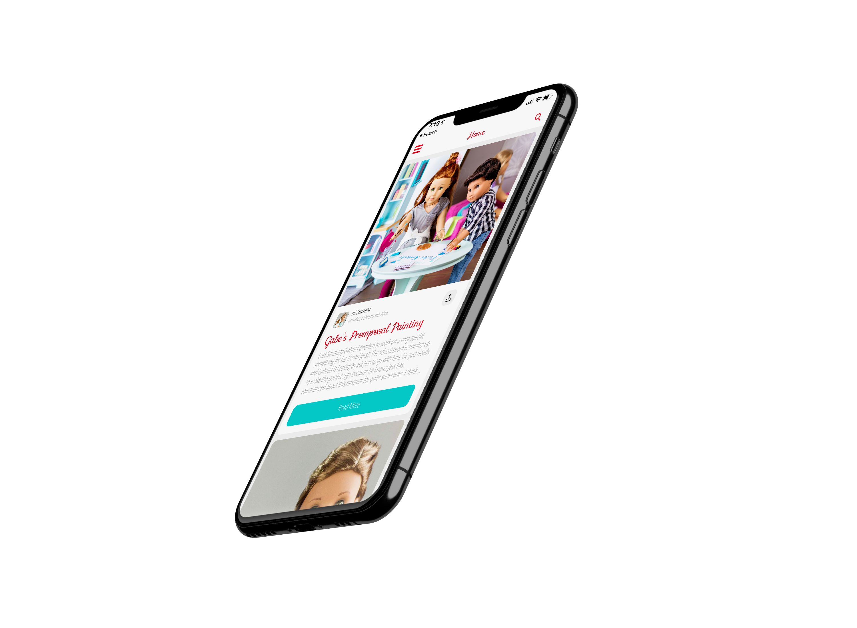 Image of the Small Dolls in a Big World app displayed on a mockup of an iPhone 11. 