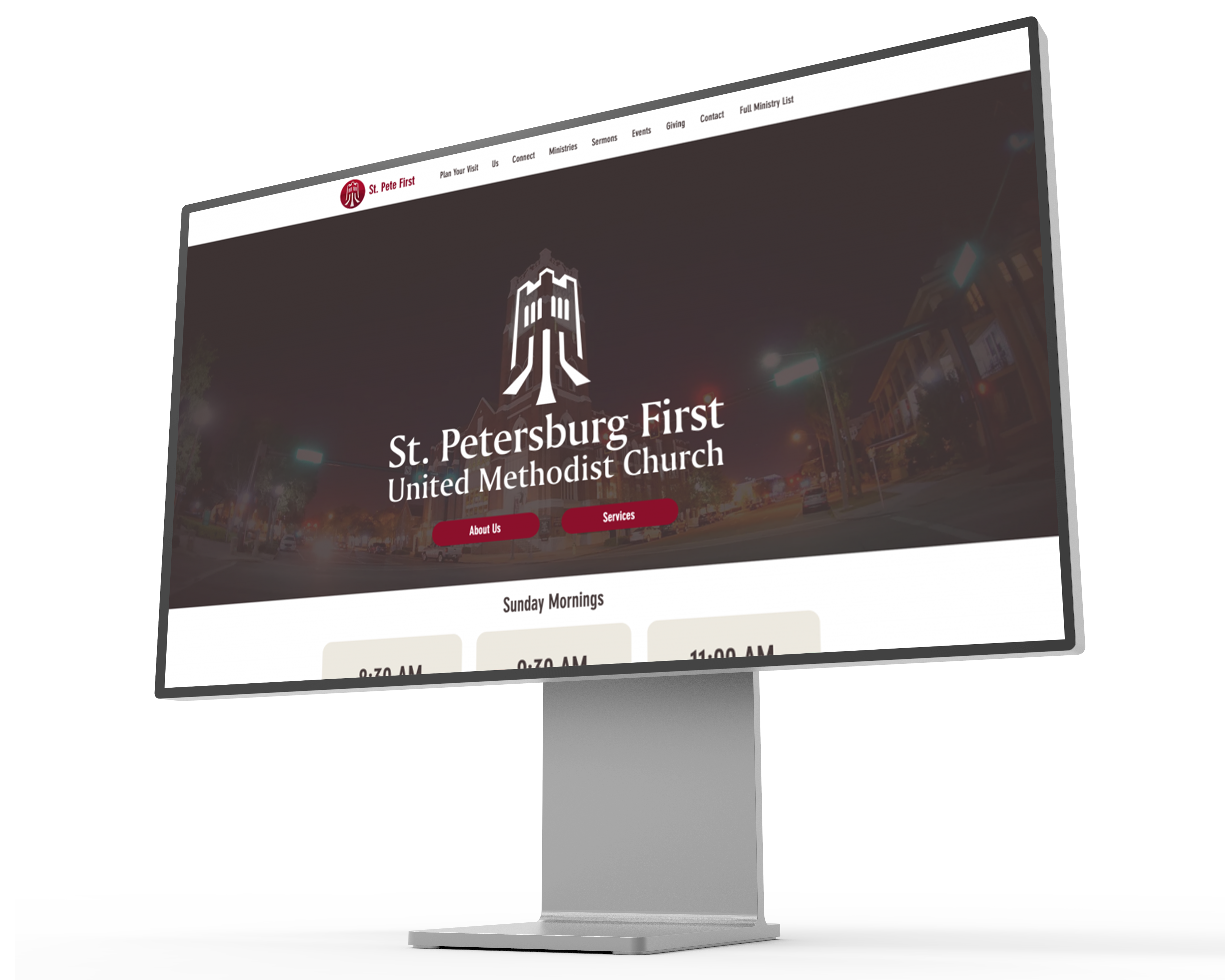 Image of the St. Petersburg First United Methodist Church website displayed on a mockup of a Pro XDR Display. 
